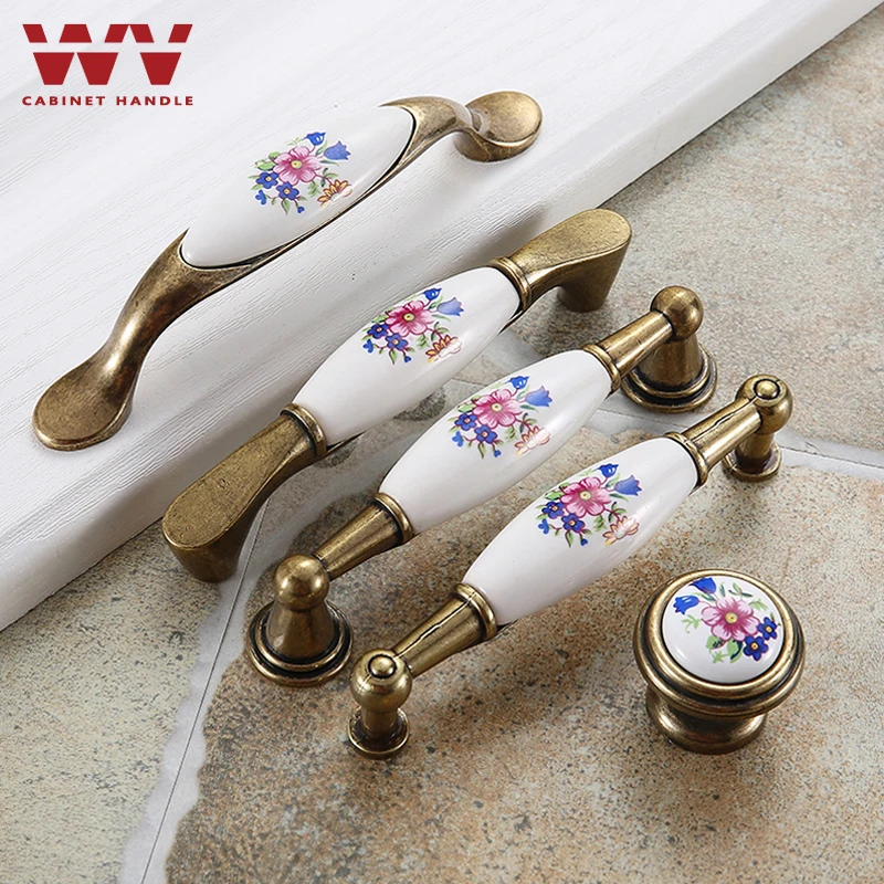 WV Flower Ceramic Kitchen Cabinet Storage Handle Closet Dressers Vintage Cabinet Wardrobe Ceramic Door Knobs Cabinet Handles
