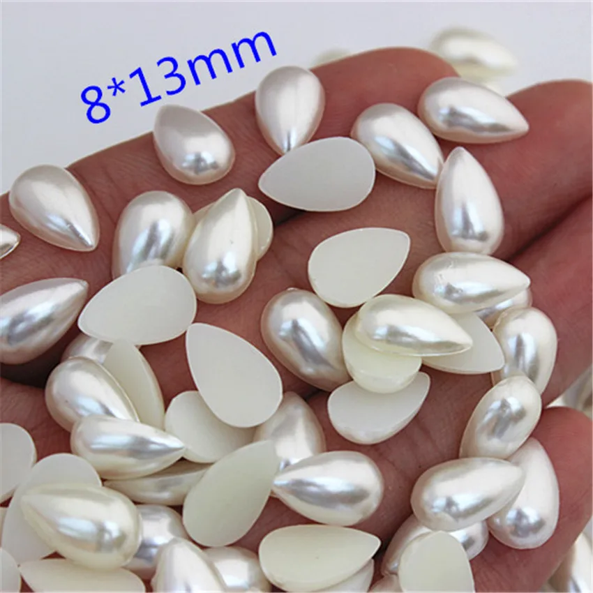 Cong Shao 100 Stück 6 x 10/8 x 13/10 x 14 mm elfenbeinfarbene Tropfenperlen mit flacher Rückseite, Strassperlen, Wasserimitat, Scrapbooking, ZZ212 – Detail 4