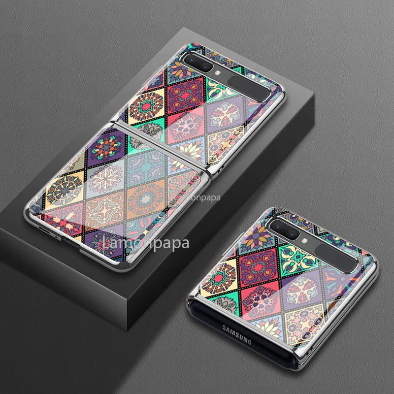 Retro Folk-custom Tempered Glass Case for Samsung Z Flip 5G Cover Luxury All-inclusive Shockproof Shell for Samsung Z Flip Case