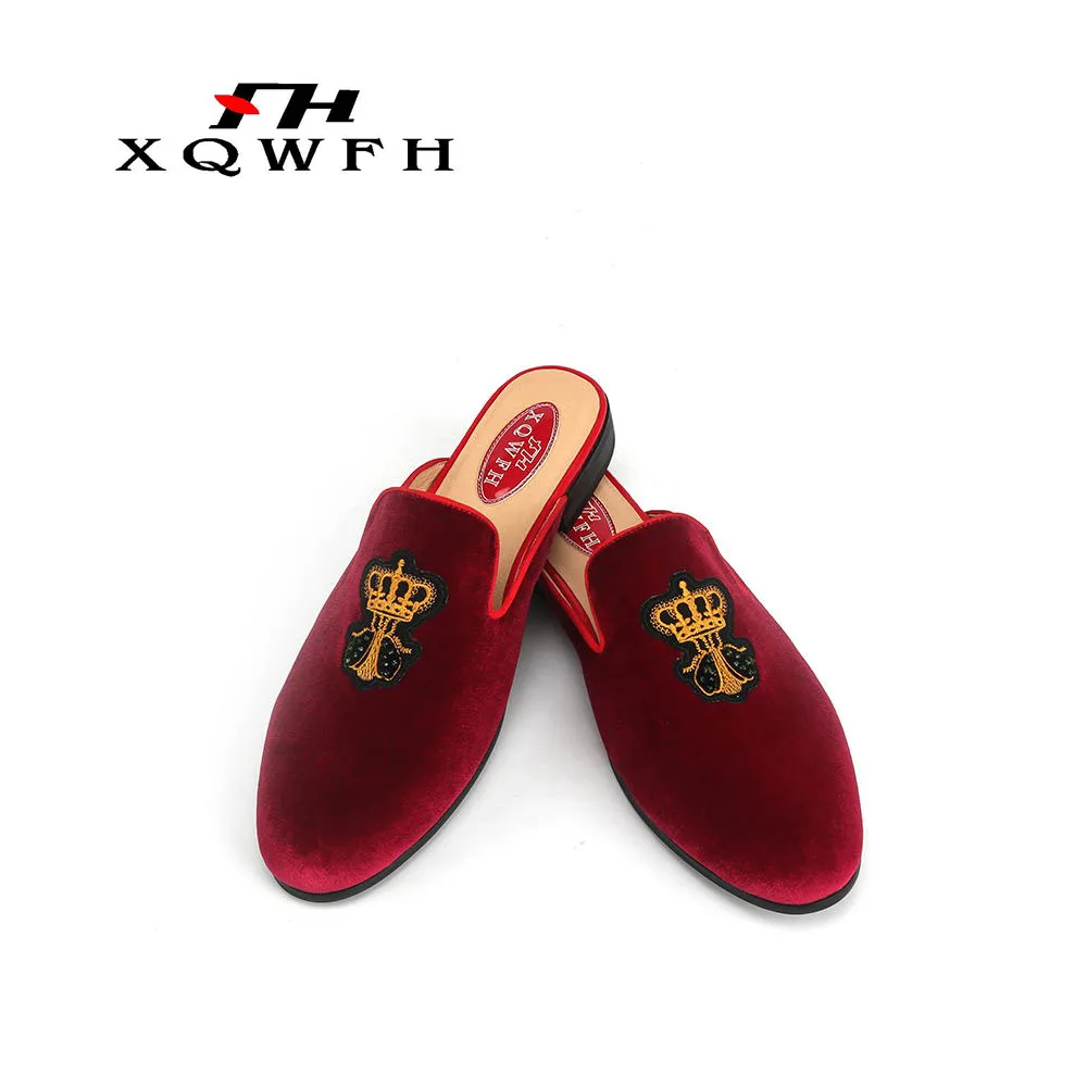 Red Large Size Embroidery Crown Men Velvet Slippers Designs Fashion Show Men\'s Casual Shoes Slides European Elegant Sandals