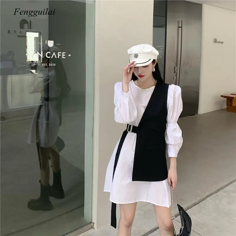 Women Loose Fit Black One Side Buckle Split Joint Vest New V-Collar Sleeveless Fashion Tide Spring Autumn 2021