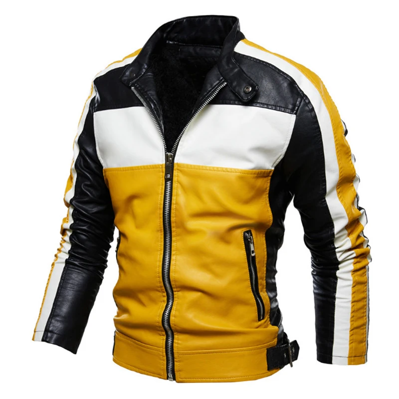 

New Bomber Leather Jacket Men New Casual Motorcycle Leather Jacket Coat Vintage Colorblock Mens PU Leather Jacket