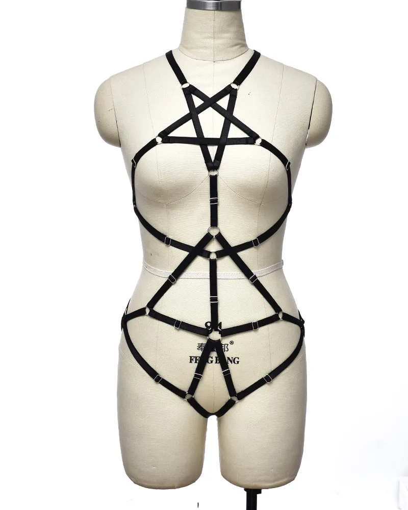 

Pentagram Gothic Clothes Sexy Body Cage Belt Hollow Bondage Body Set Open Chest Black Lingerie Harness Bra Connection G-String