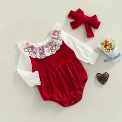 Spring Winter Newborn Infant Baby Girls Rompers Princess Lace Flower Velvet Jumpsuits Headband Girls Red Clothes