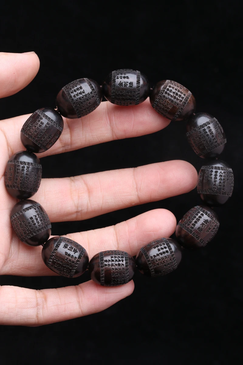 Natürliche Ebenholz Armband Olive Förmigen Schwarzen Holz Tibetischen Buddhistischen Perlen Sechs-Charakter Mantra Glück Armband – Detail 13