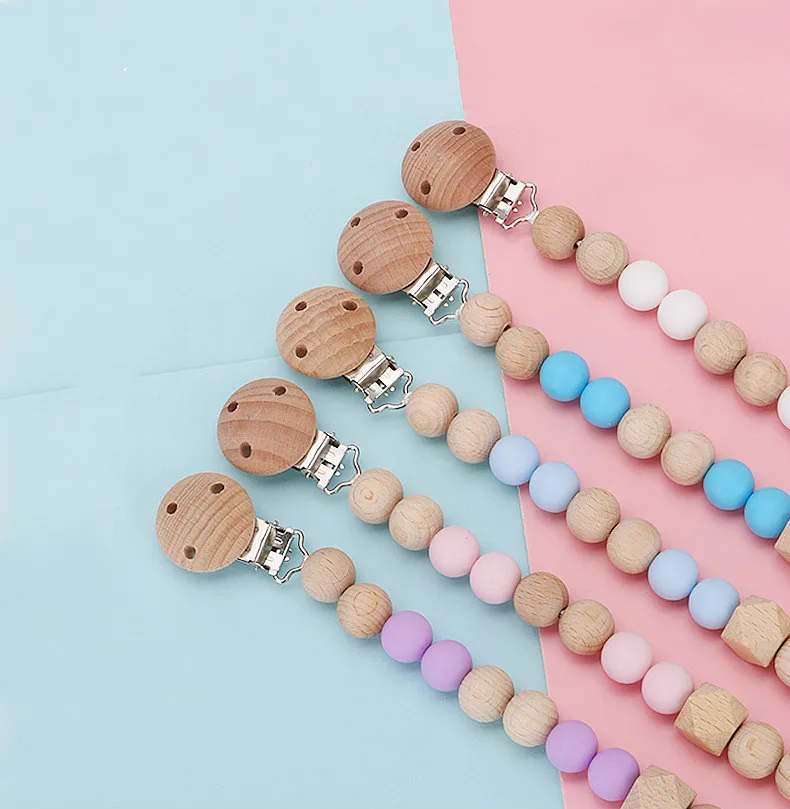 BPA Free Pacifier Chain Wooden Baby Auxiliary Anti-dropping Chain Pacifier Clip Toddler Safety Silicone Molar Pacifier Chain