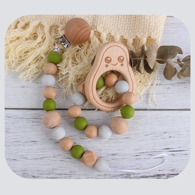 BPA FREI Silikon Perlen Baby Beißring Baby Buche Holz Avocado Armband Beißring Molaren Spielzeug Neugeborene Zahnen Dusche Geschenke