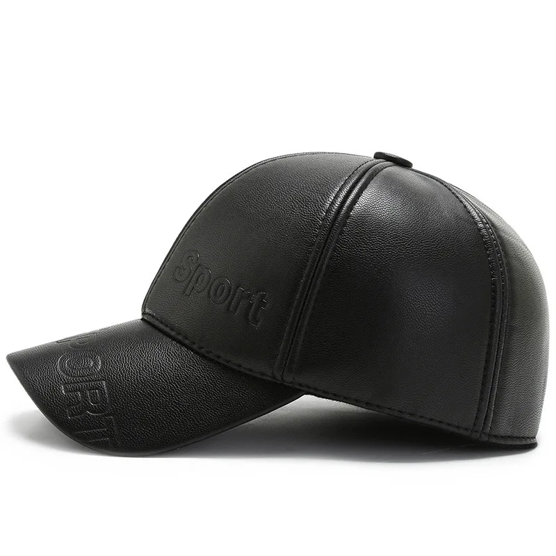 Men Sport Letter Sunscreen SunShade Baseball Cap Winter Elderly Men Windproof Protect Ears Warm PU Leather Adjustable Hats U73