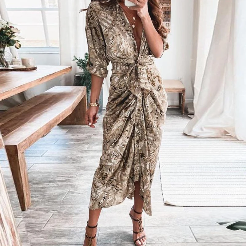 Retro Pattern Print Split Boho Long Dress Spring Turn-down Collar Single Breasted Party Dress Autumn Long Sleeve Maxi Dress Belt