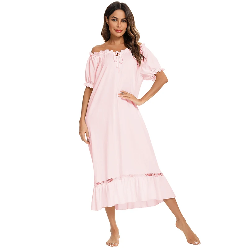 Sleepwear Nighty Woman Autumn Nightgown White Pink Nightdress Leisure Fashion Long Vintage Home Dress Ladies Nightwear Boat Neck