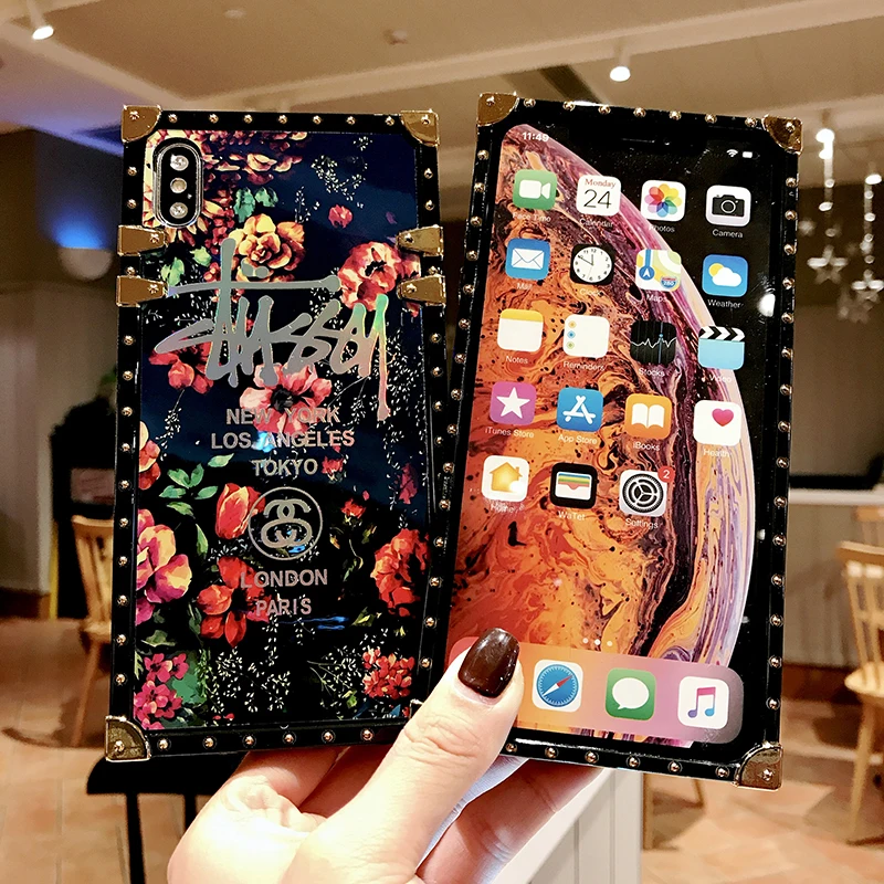 Luxury Rivet Rose Flower Blue Ray Square Phone Case For Samsung S21 S10 S9 S20 Plus Note 20 A71 A31 A21S Glossy Soft Back Cover