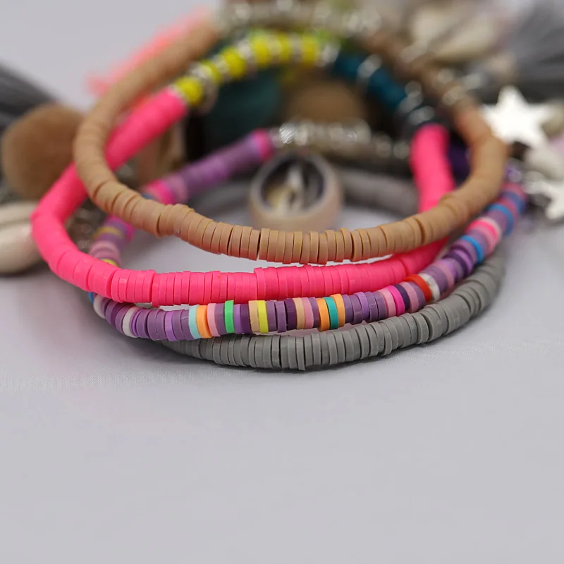 Boho Bracelet Women\'s Fashion Handmade Jewelry Colorful Clay Beads Tassel Shell Bracelets Female Girls Gifts