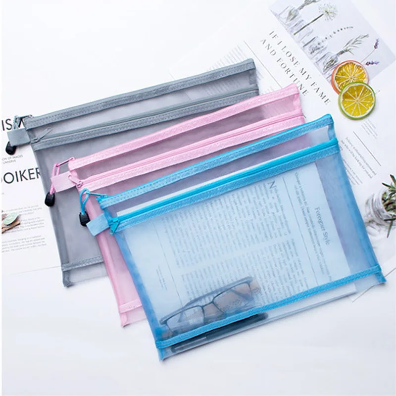 100Pcs Two layers A4 file Bag Pencil Bag Simple Transparent Mesh Yarn Zipper Stationery Bag Student Large-capacity Pencil Pouch