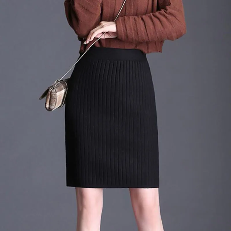 Women Autumn Winter Knitted Midi Skirt High Waist Warm Elegant Knitting Ribbed Black Skirts Female Sexy Split Office Skirts