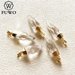 FUWO Wholesale Natural Clear Quartz Point Pendant,Golden Plated Bullet Shape Crystal Accessories For Jewelry Making 5Pcs PD136