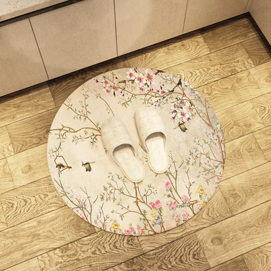 Bird and Flower Round Retro Floor Mat Print Flowers Soft  Area Rugs Large Home Living Room Bedroom Bathroom Decorate Carpet