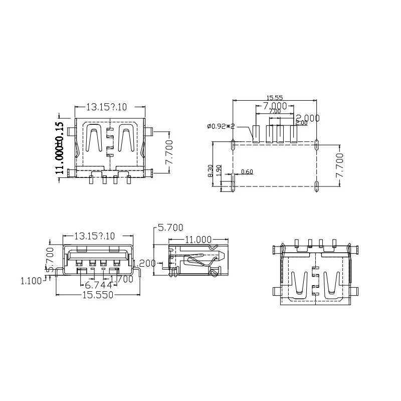 Conector USB tipo A hembra AF10.0, 10 piezas, placa de hundimiento de 4 pines, USB-A hembra SMT, color negro