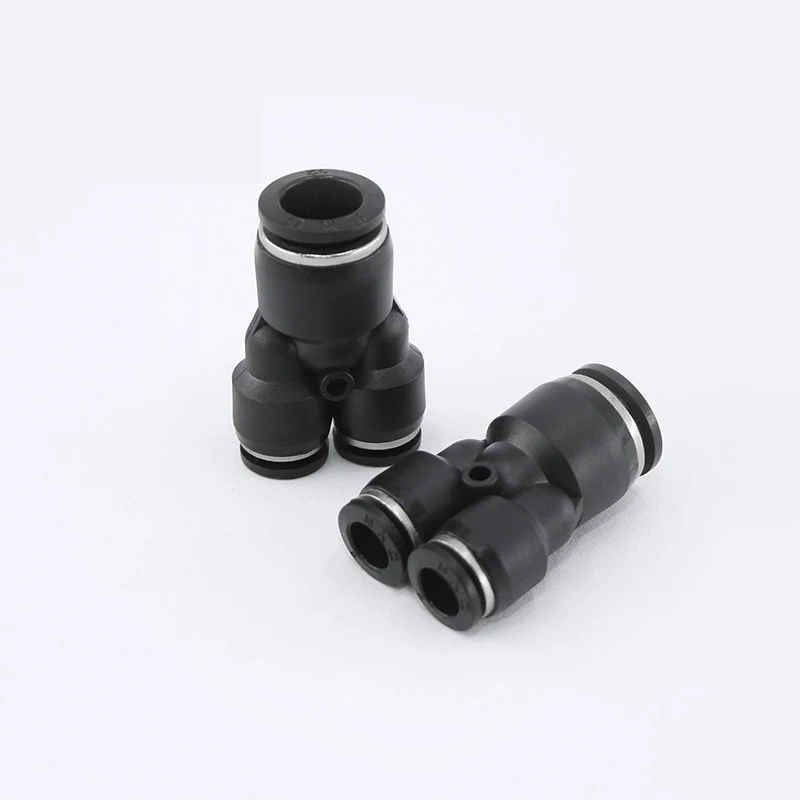 Black PW series 3-way quick connector Pneumatic Components including PW6-4, PW8-6, PW12-10, PW10-6, PW12-8,PW8-4