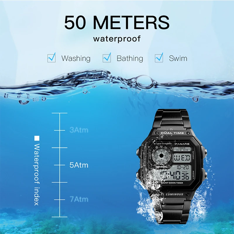 PANARS Digital Watch Men\'s Watch Business 5BAR Waterproof Stainless Steel Strap Wristwatch Men Gifts Relogio Masculino NEW