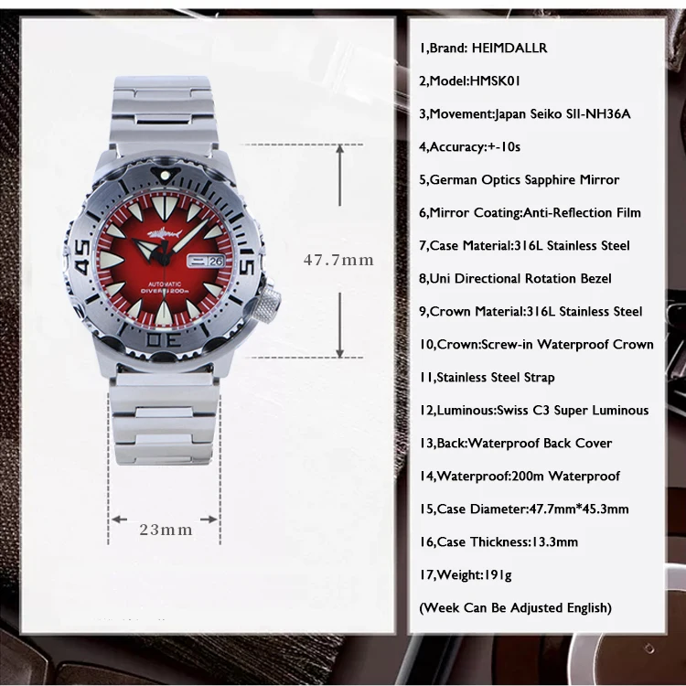 Heimdallr 62mas masculino mergulhador relógios relógio automático 200m à prova dwaterproof água relógios de pulso mecânicos c3 luminoso nh36 espelho safira