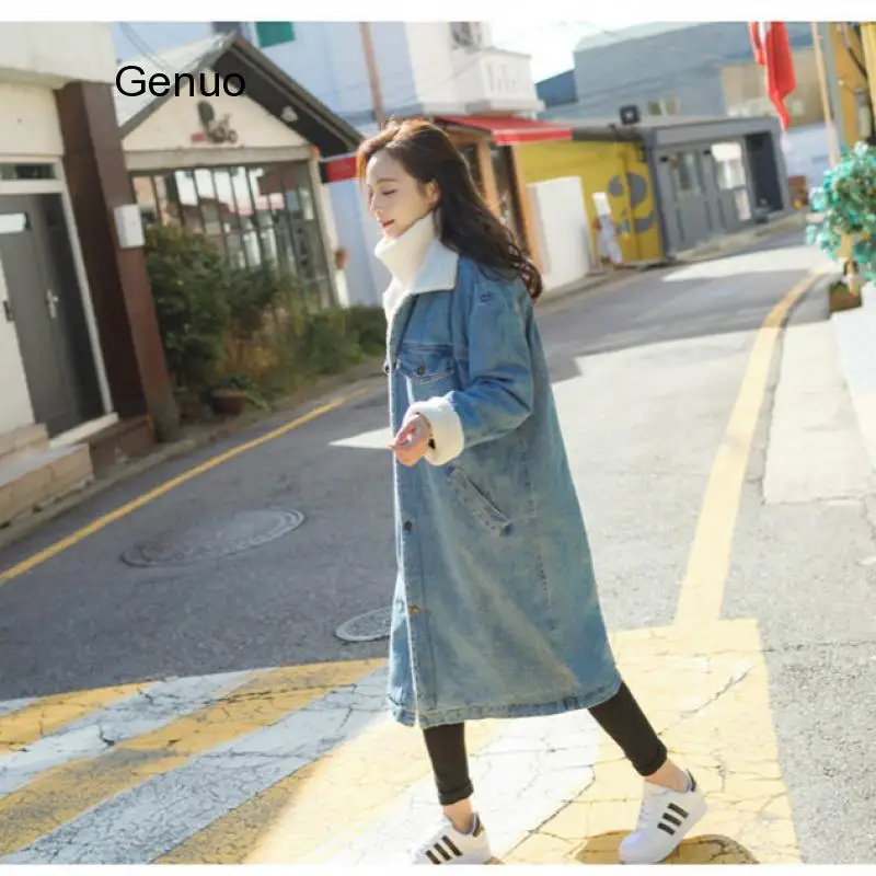 2021 Women Basic Coat Winter Denim Jacket Women Warm Wool Lining for Women Jeans Jacket Female X-Long Denim Coat Chaqueta Mujer