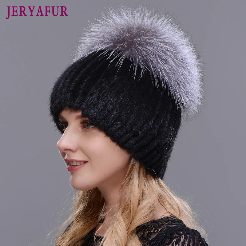 JERYAFUR Fox Fur Skiing Cap Hot Sale Fashion Winter Warm Women Knitting Caps Mink Hats Vertical Weaving With Hat