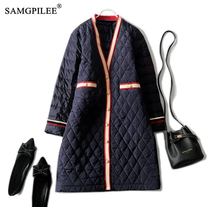 Cotton Jacket Woman 2021 New Casual V-neck Plaid Cotton Long Length Padded Fashion Winter Coats For Women 4XL