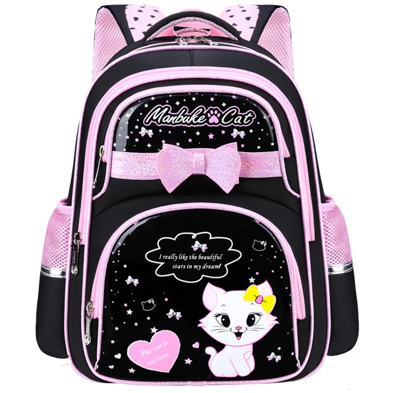 Mochila escolar de PU con lazo negro y rosa para niña, morral ortopédico Kawaii para niños de 6 a 12 años