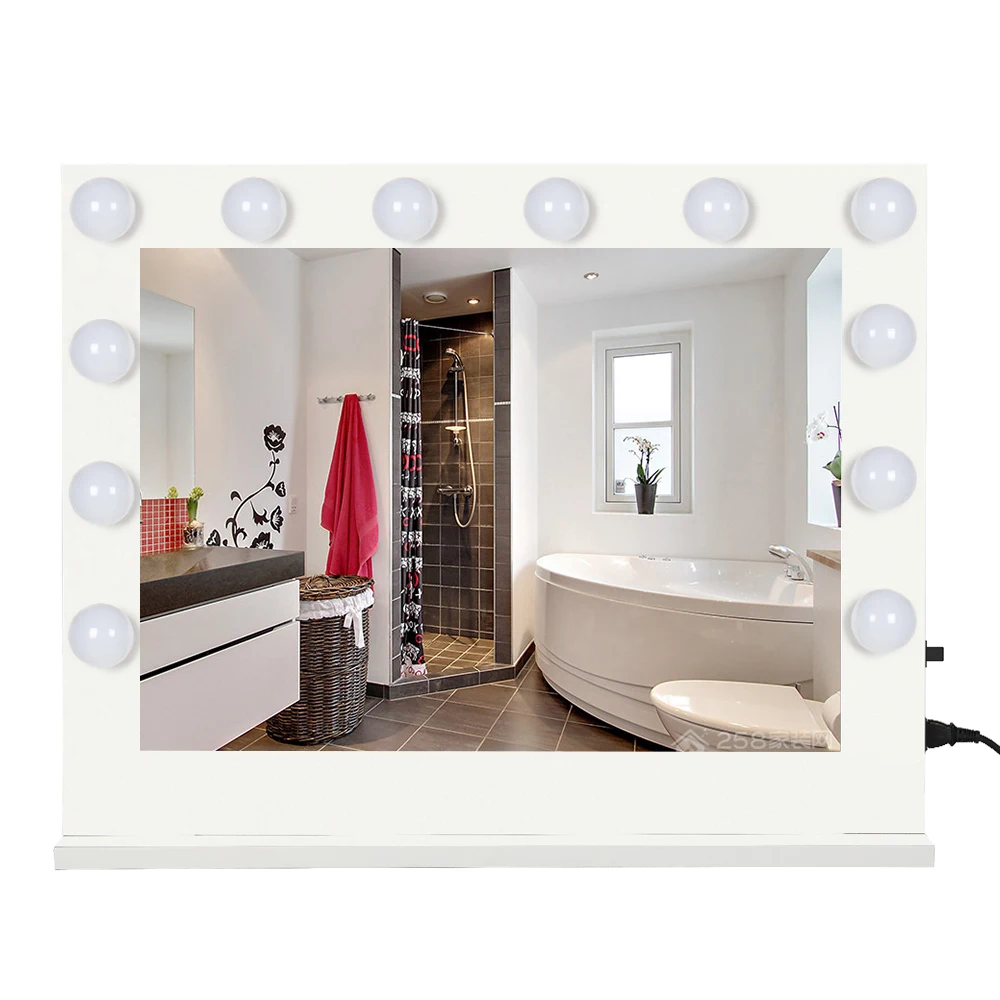 FCH Hollywood Desktop Mirror Makeup Mirror with Frame 14 Bulbs-White Square Base Glass Mirror