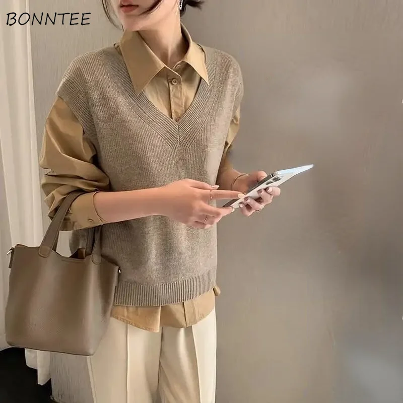 

Sweater Vests Women Simple Vintage Korean Style Trendy Basic Tender Elegant Solid V-neck Autumn All-match Leisure Newest Ladies