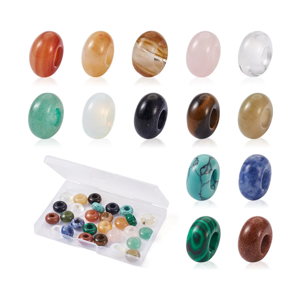 28pcs/Box Natural & Synthetic Mixed Stone European Large Hole Beads For DIY Women Fashion Bracelet Jewelry Making Decor