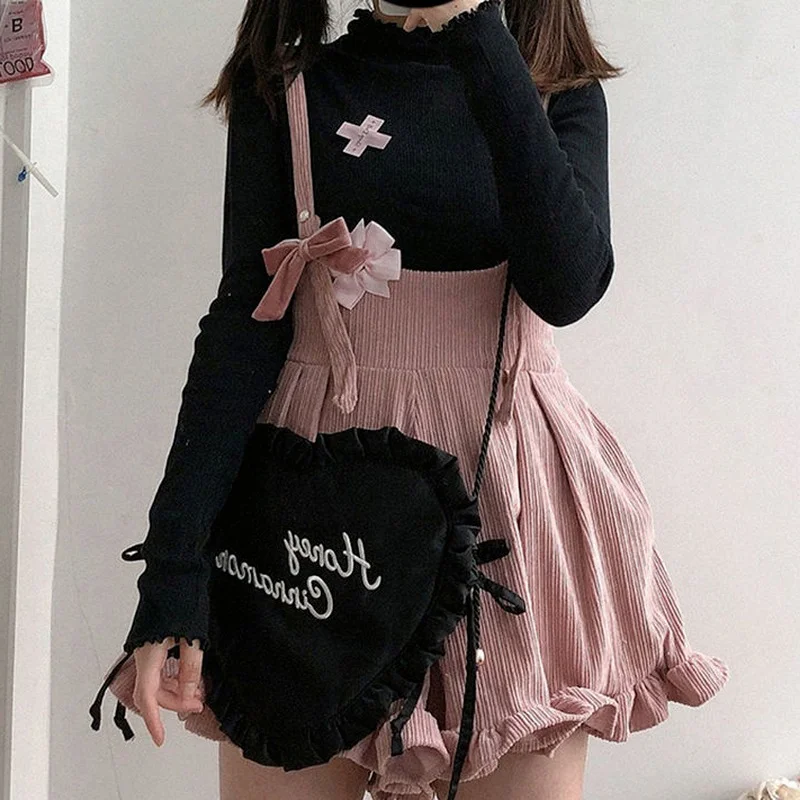 Solid Corduroy Jumpsuit Ladies Lolita Ruffle Loose Spring Korean Kawaii Version of Ulzzang Harajuku Casual Soft Women's Jumpsuit