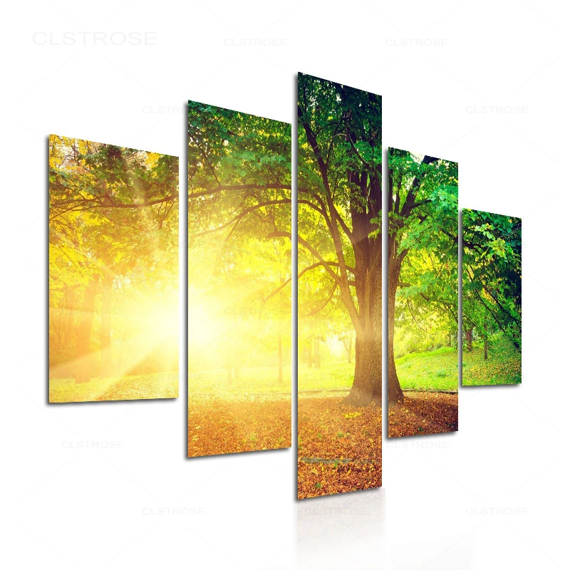 

5 Pcs Wall Decorative Painting Tree In The Sun Art Pictures Canvas Prints for Living Room Home Office Decorations No Frame