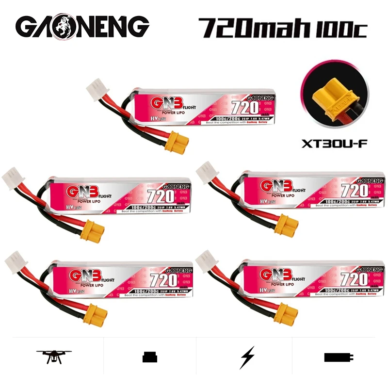 1-10PCS GAONENG GNB 720mAh 7.6V 2S 100C/200C HV XT30U-F Plug Lipo Battery for RC FPV  Whoop Frame Kit Tinywhoop Racing Drone