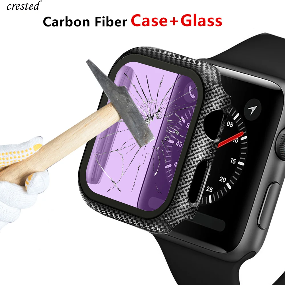 Glass+Cover For Apple watch Case 38mm 42mm Accessories Carbon fiber bumper+Screen Protector iWatch series 3 4 5 6 SE 40mm 44mm