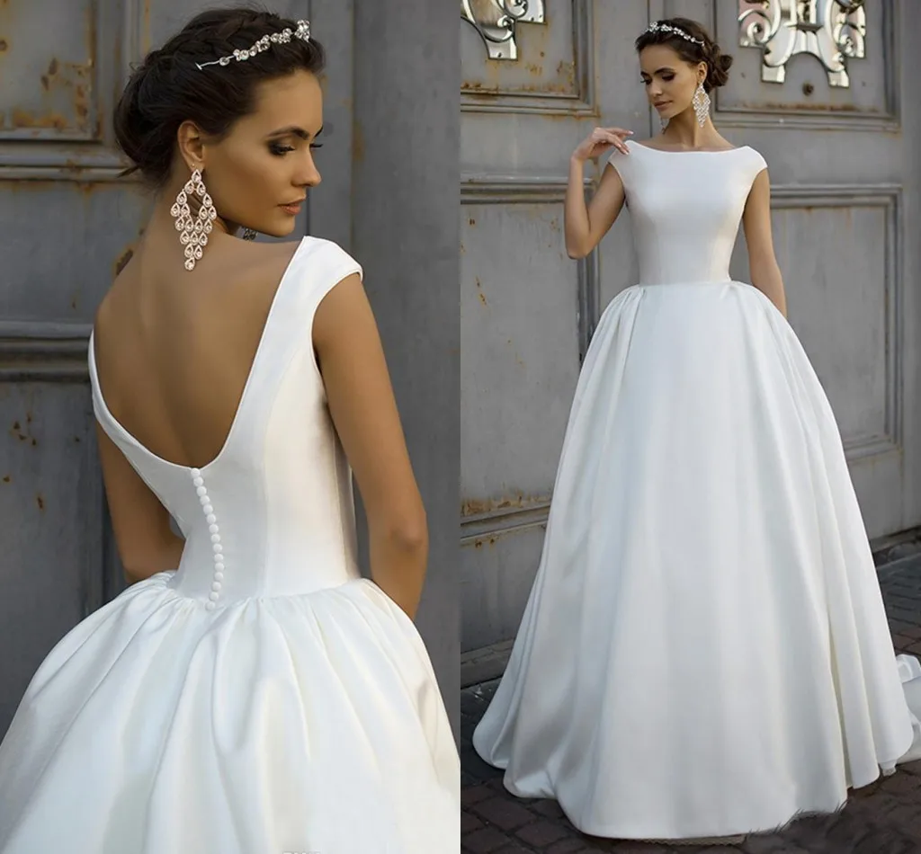 Robe de mariée trapèze en Satin mat, col haut, sans décoration, Simple, élégante, avec traîne, 2021