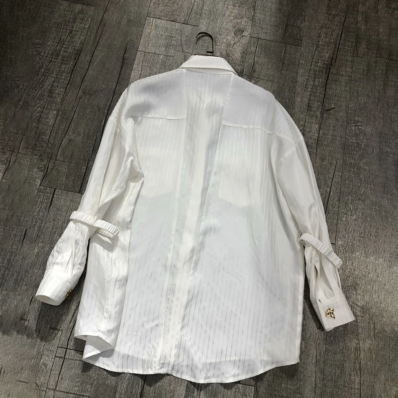 GALCAUR Diamonds Striped Shirt For Women Lapel Long Sleeve Casual Loose One Size White Blouse Female 2024 Summer Fashion Clothes