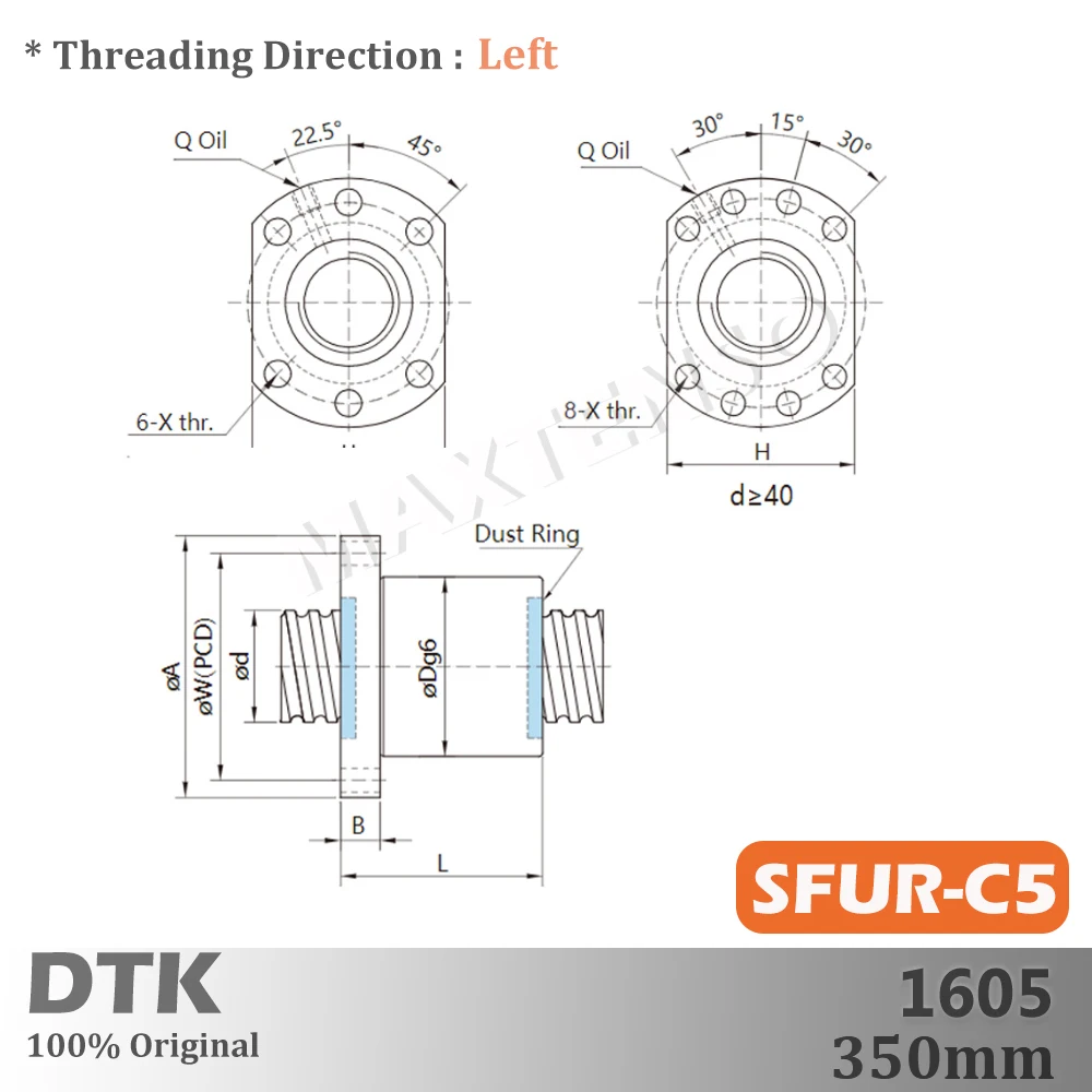 DTK Taiwan SFU1605 Ground Left-hand C5 Lead 5mm Ball Screw 350mm Left Thread Shaft High Precision Flange CNC Spindle TBI Replace