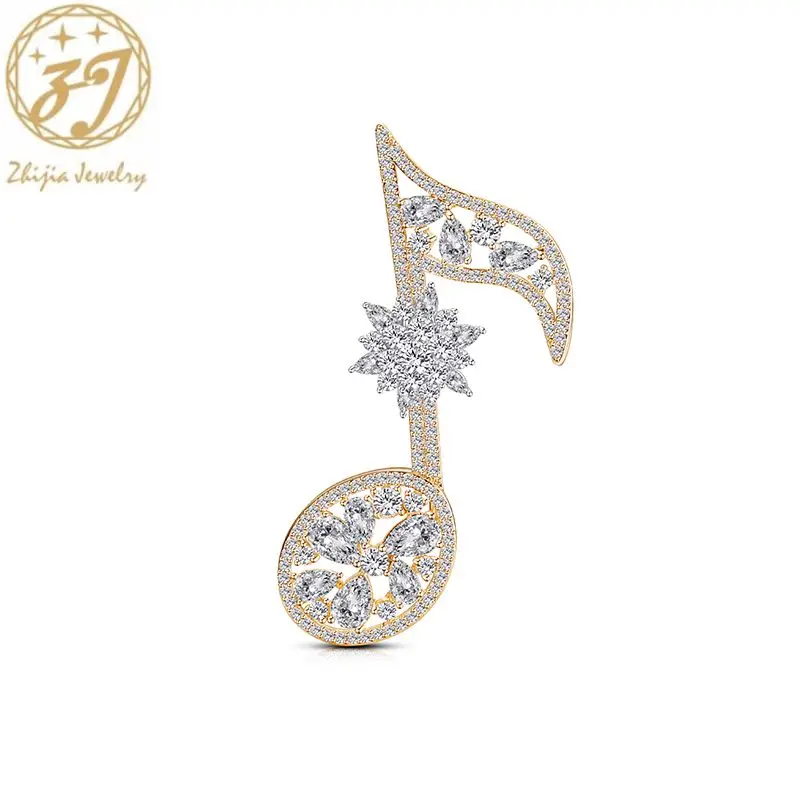 

Zhijia new arrival music note pins brooches for women dress luxury rhinestone zircon brooches accessories