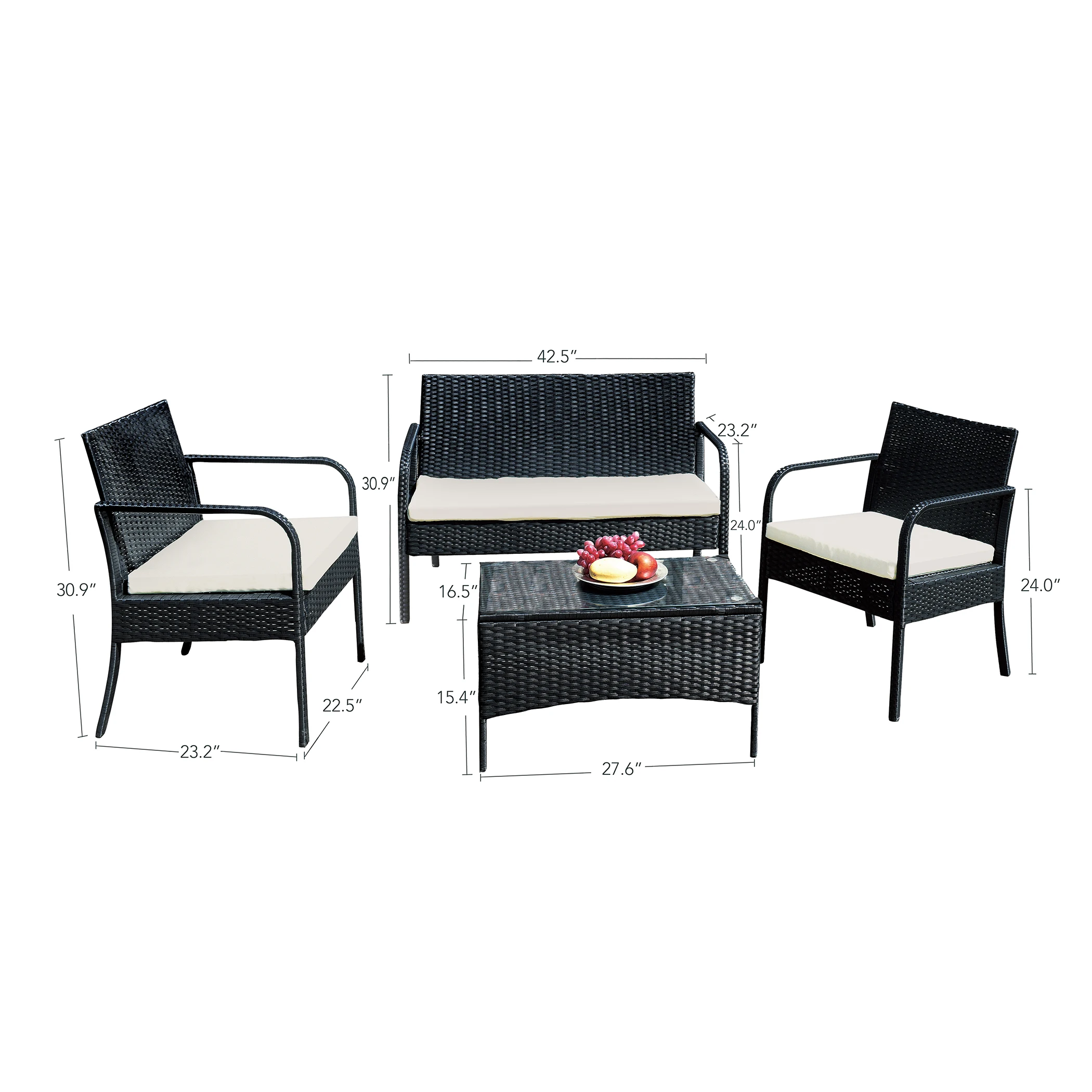 3 Colors Outdoor 4 Pieces Rattan Furniture Set Include 1 Love Sofa + 2 Single Seat + 1 Coffee Table[US-Stock]