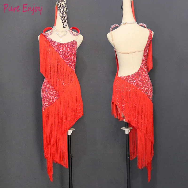 

Tango adult red latin dance costumes women salsa dancewear dance costume dresses fringe diamond Professional Latin dance dress