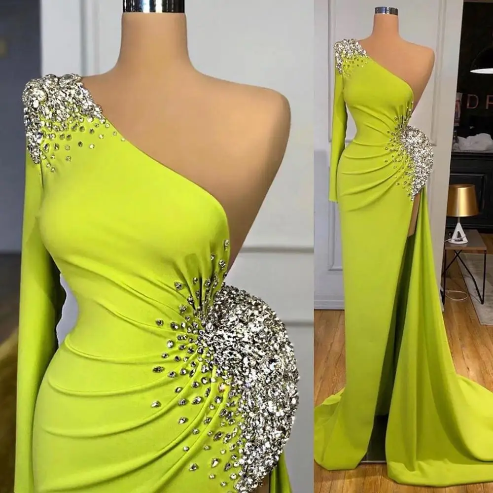 abito da sera Neon Green Evening Dresses Beading Pleated Sleeve abendkleider Dubai Evening Dress One Shoulder High Split abiye