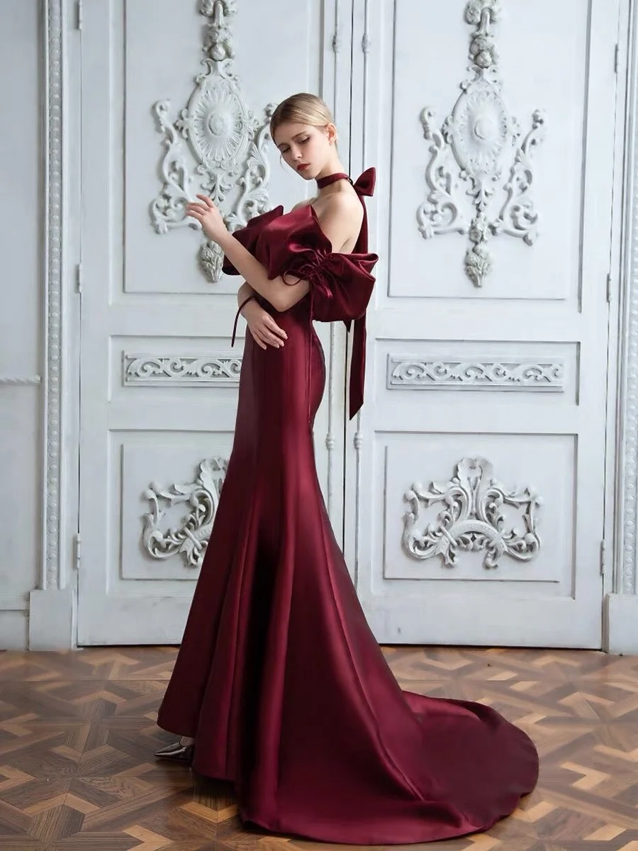 Vestidos de Fiesta de sirena con espalda descubierta y hombros descubiertos, vestidos de noche con lazo de cuello de barco, fiesta de banquete de