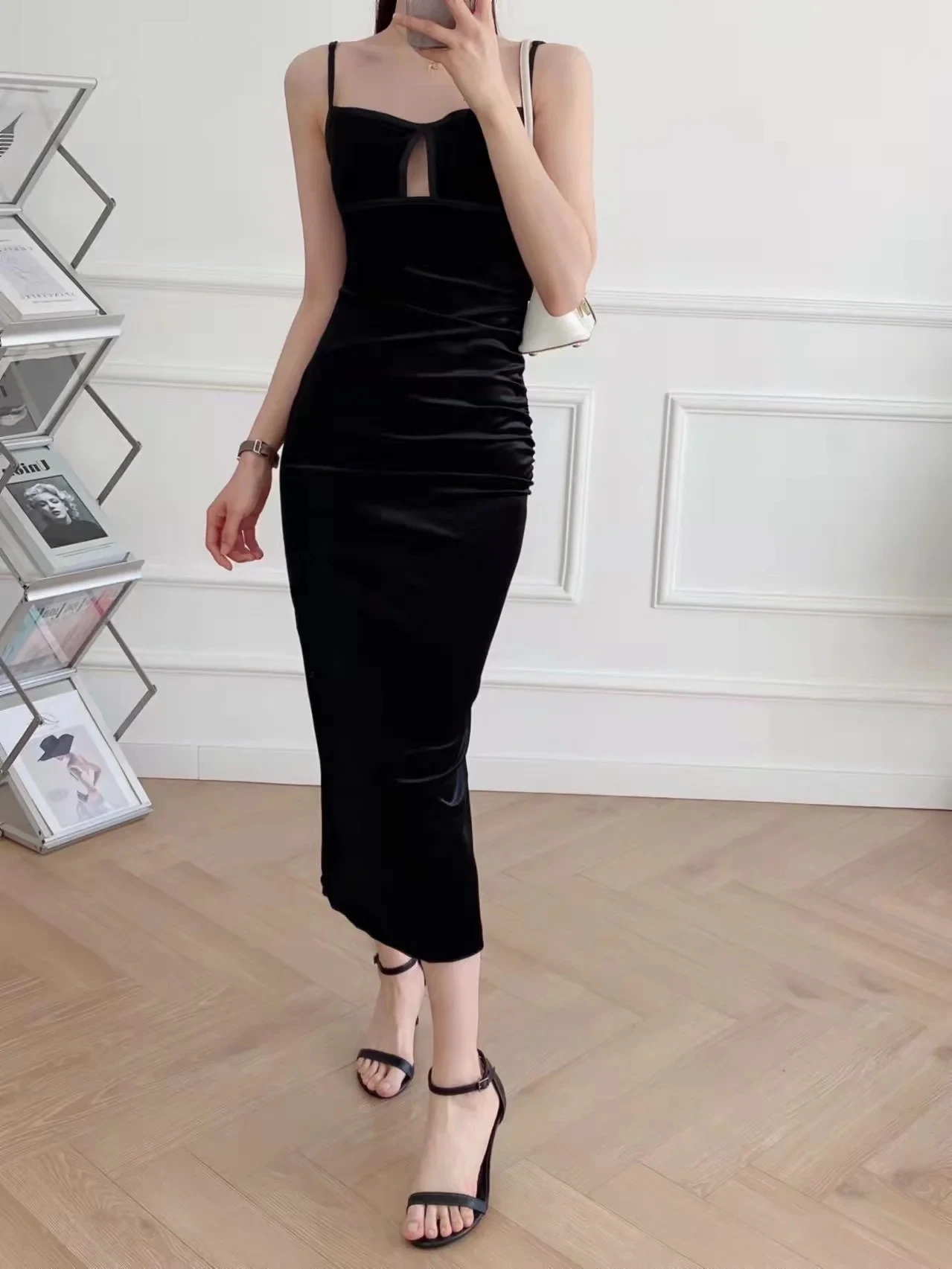 XEASY 2022 Summer Women Vintage Elegant Velvet Dress Female Office Lady Hollow Out Slim Sleeveless Party Sling Midi Dresses