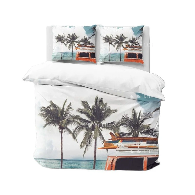 

Seaside Vacation Palm Tree Painting Duvet Cover Set Blue Beach Holiday Surfboard Bus Pattern Decor Bedding