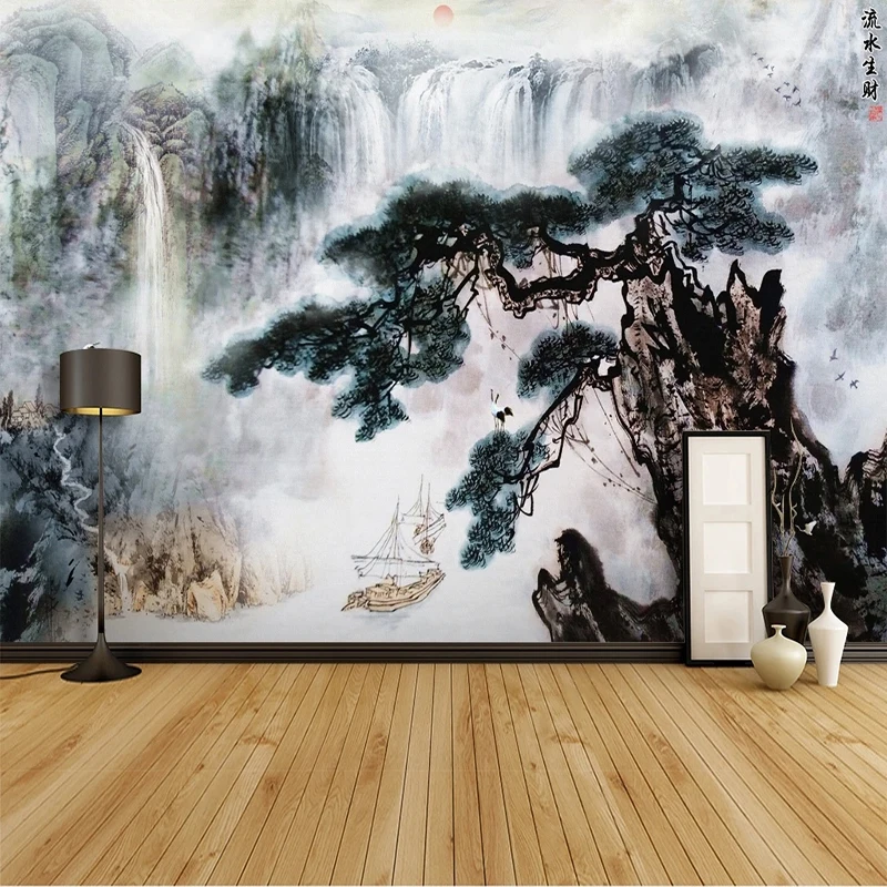 Custom 3D Wallpaper Pine Tree Waterfall Natural Landscape Self-Adhesive Waterproof 3D Wall Stickers Home Decor Papel De Parede
