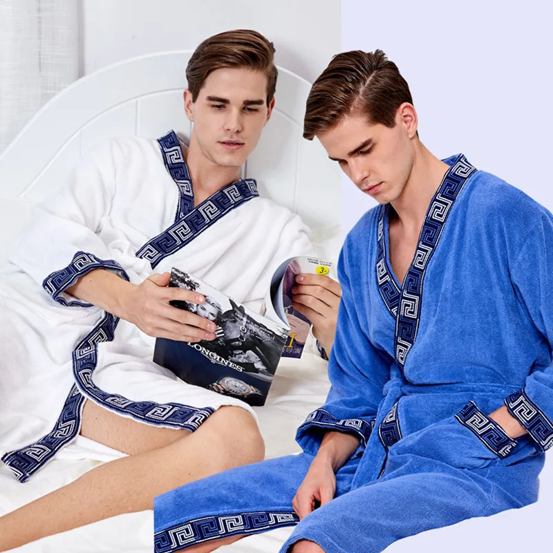 Men'S Cotton Bathrobes Thick Towels Quick-Drying Hotel Bathrobes Jacquard 100% Cotton Pajamas Autumn Winter Robe Nighties