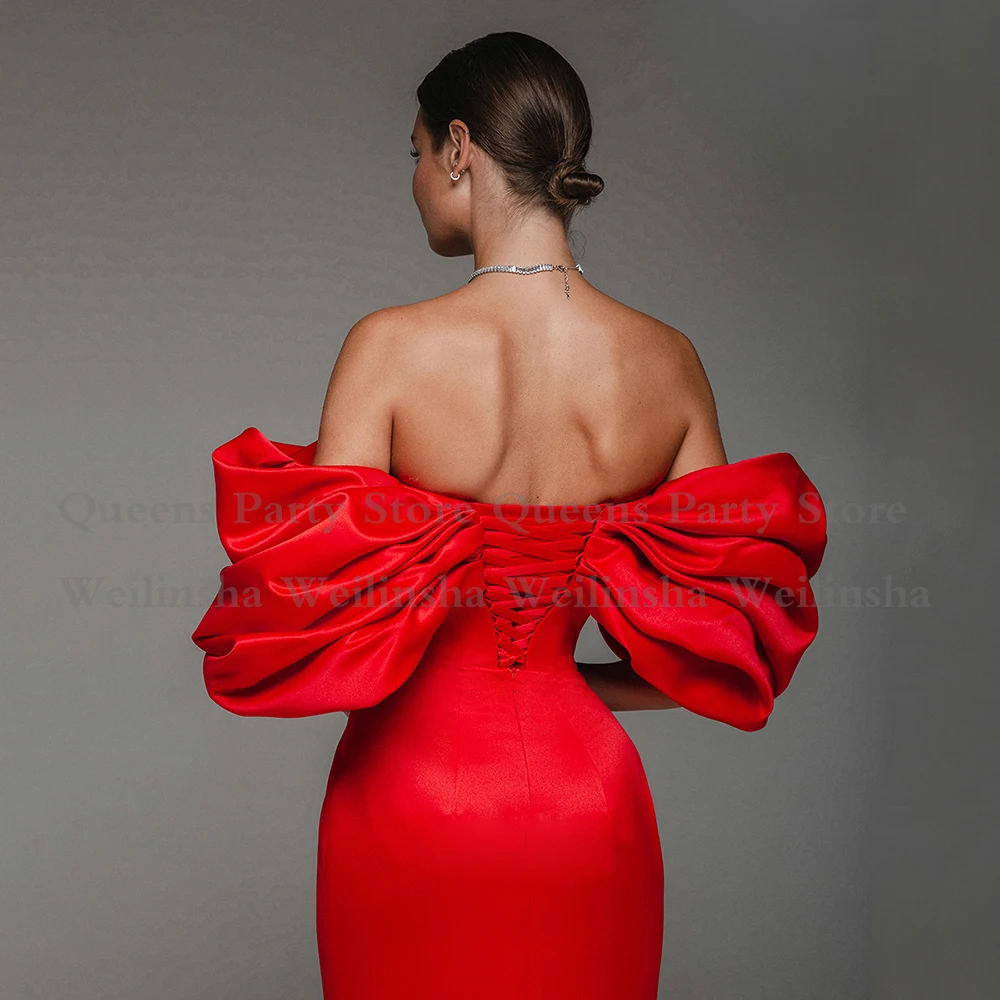 Red Mermaid Prom Dresses Customized Off Shoulder Ruched Pleat Satin Party Gowns Sweep Train Front Slit Arabian Evening Dress