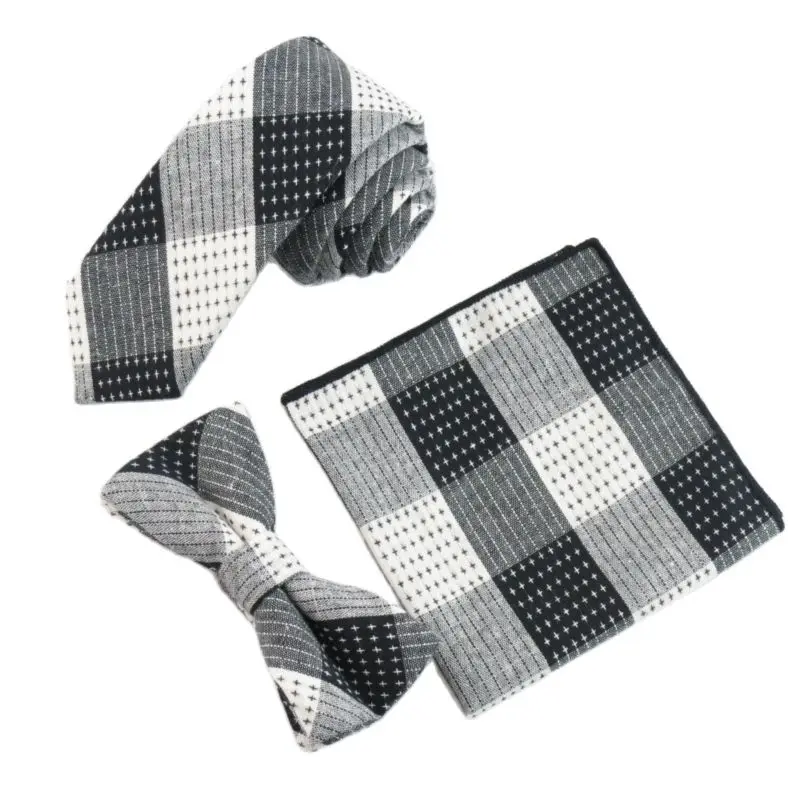 Men's black white Plaid Ties Bowtie 100% cotton Tie Set Handkerchief Suit For Men meeting Party Accessories Cravata  star point