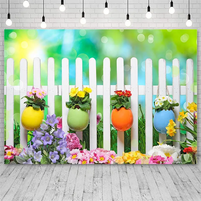 

Spring Backdrop Photography Easter Eggs Garden Flowers Wooden Fence Child Kids Baby Portrait Background Photo Studio Decor Props